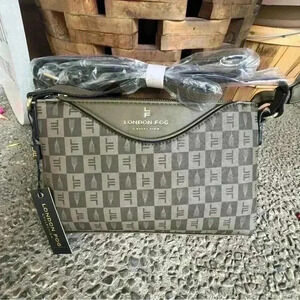 London Fog Addison Tower Signature Print Crossbody Bag Zip Top Purse Olive NWT